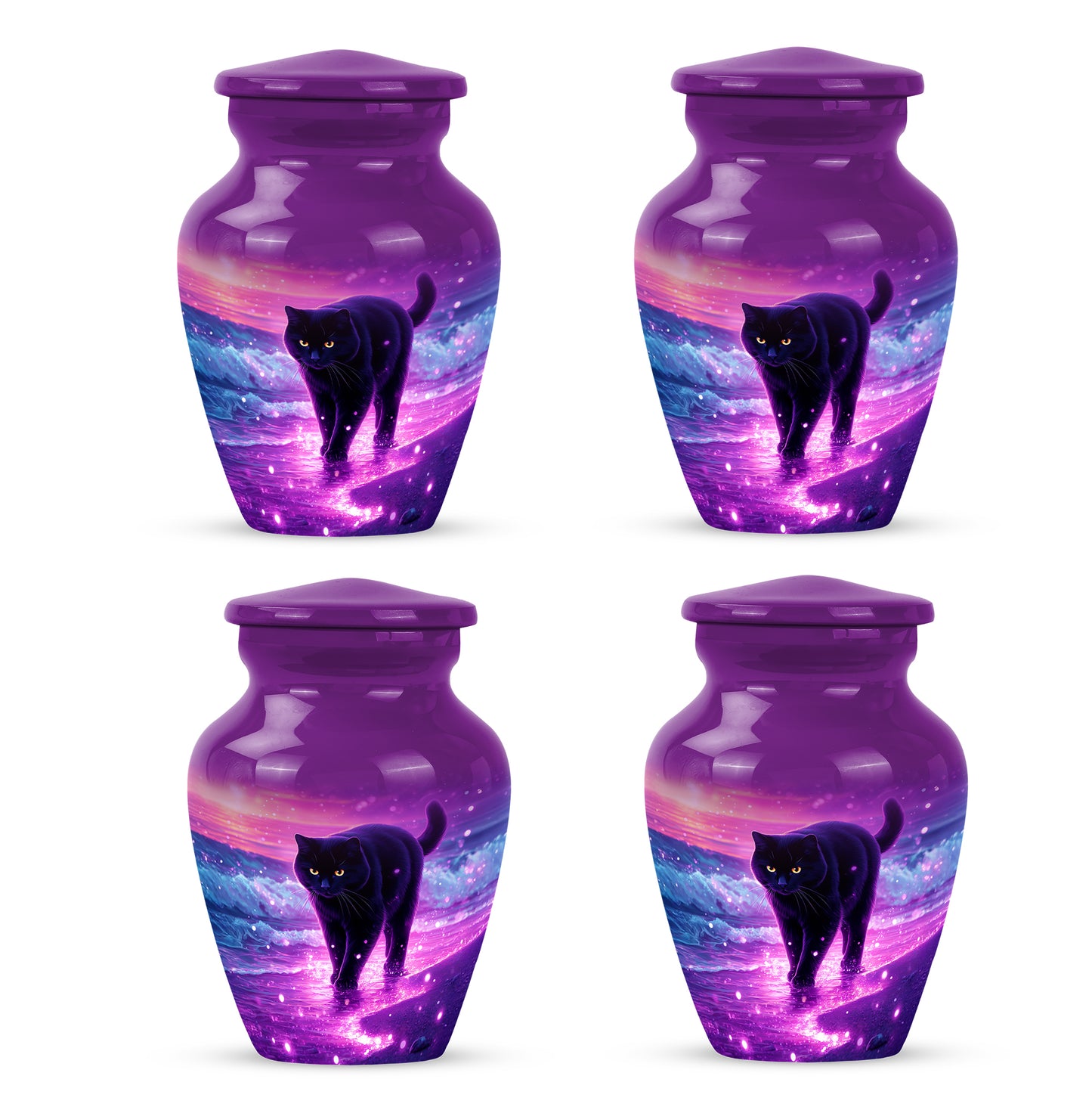 Plum Purple Cat Cremation Urn side profile showing urn shape - classic sculpted cat pattern on smooth aluminum - 10 inch aluminum urn for cremated remains