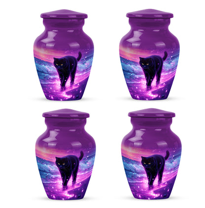 Plum Purple Cat Cremation Urn side profile showing urn shape - classic sculpted cat pattern on smooth aluminum - 10 inch aluminum urn for cremated remains