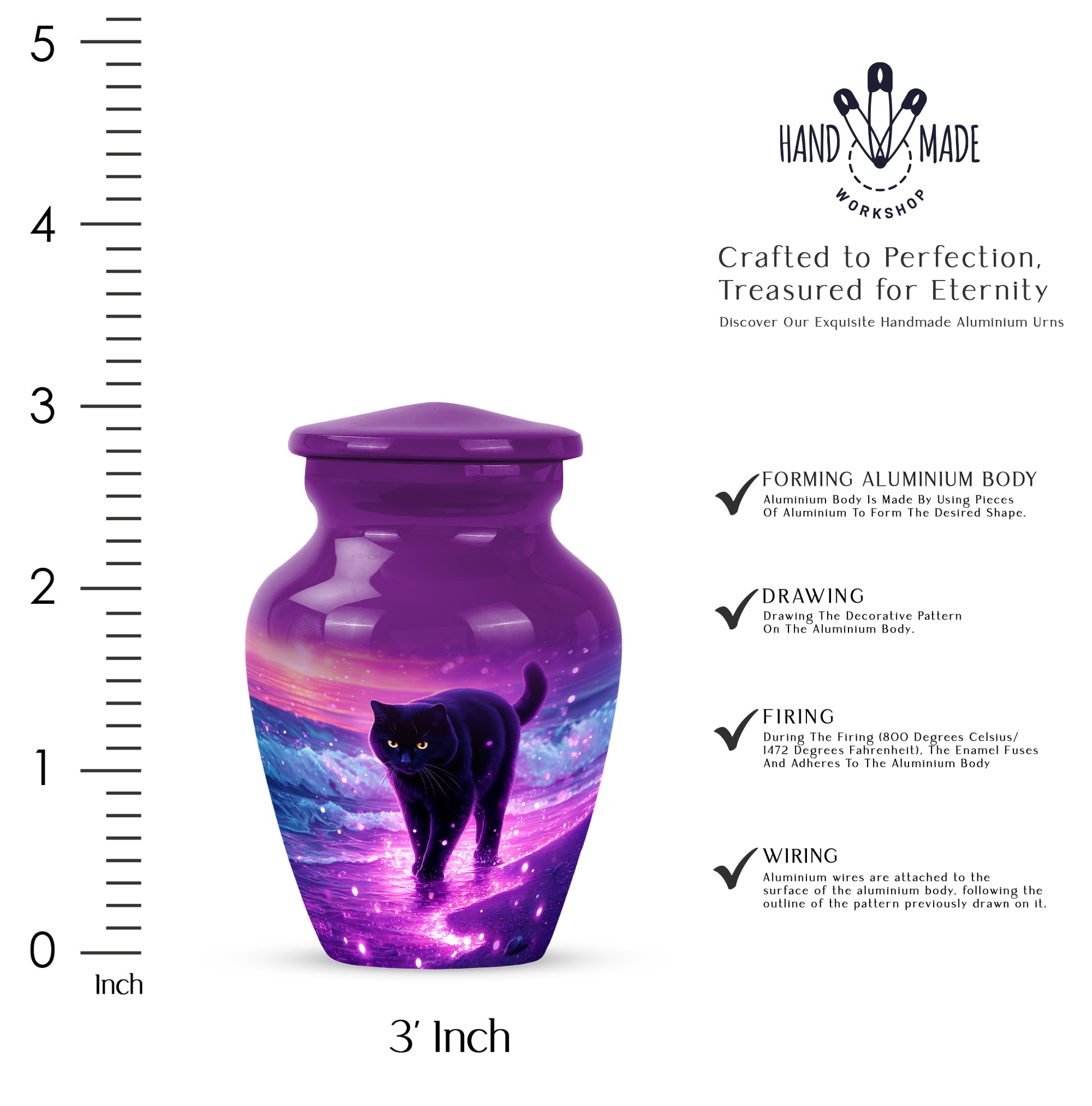 Majestic Purple Cat Cremation Urn close-up of engraving and surface detail - classic sculpted cat pattern on smooth aluminum - mini keepsake memorial for portion of cremation ashes