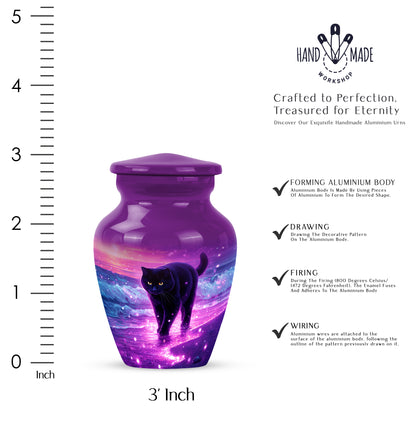 Majestic Purple Cat Cremation Urn close-up of engraving and surface detail - classic sculpted cat pattern on smooth aluminum - mini keepsake memorial for portion of cremation ashes