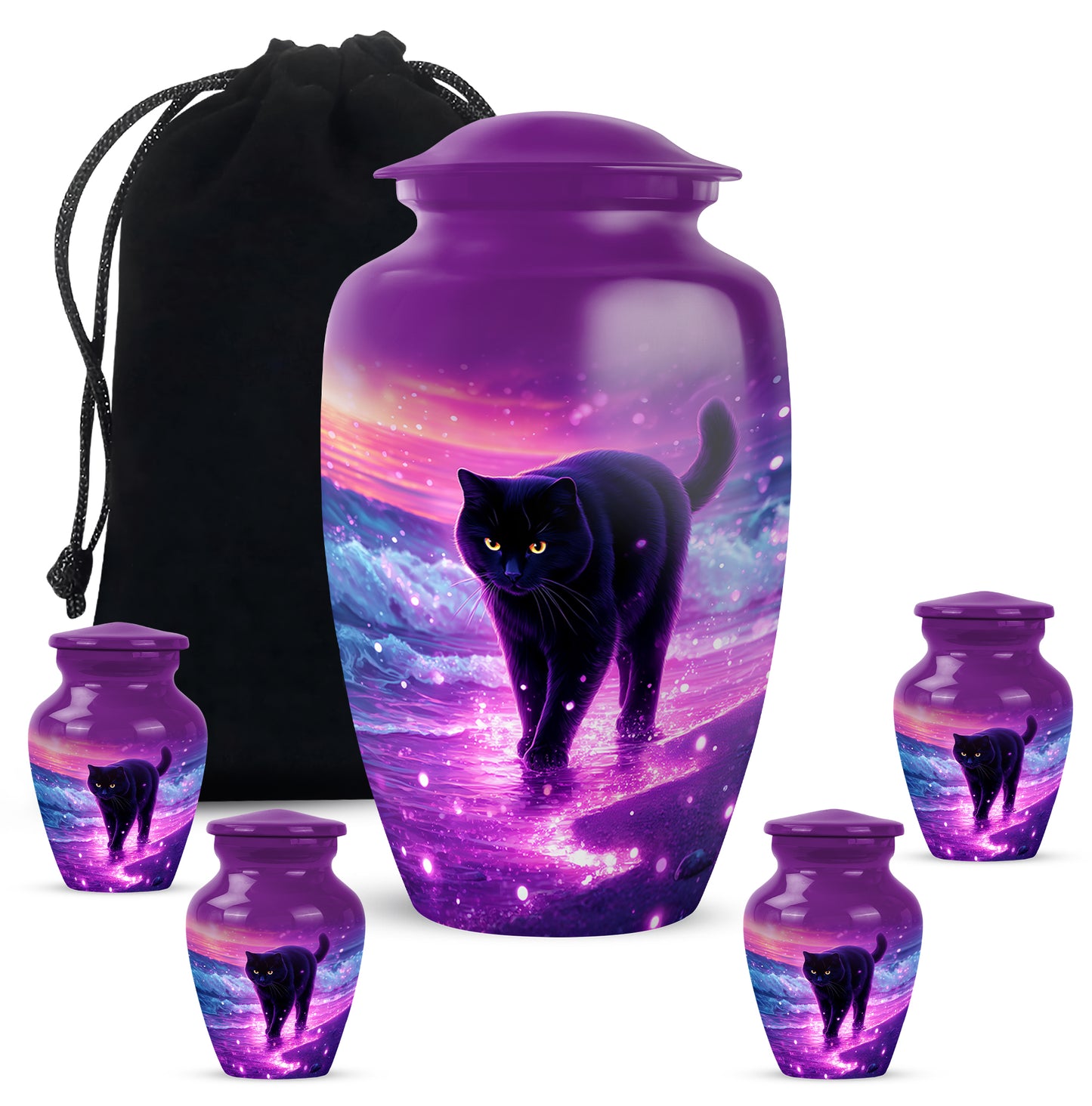 Grape Purple Cat Cremation Urn top-down view of secure threaded lid - elegant classic cat relief with fine detailing - memorial set with one large and four small urns