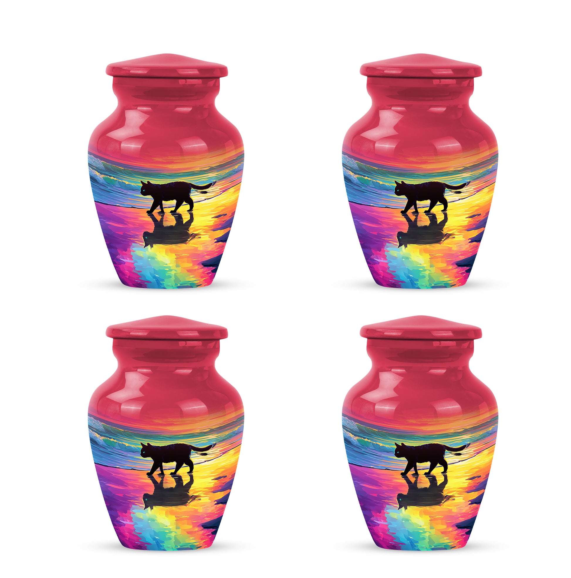 Ruby Red Cat Cremation Urn side profile showing urn shape - elegant classic cat relief with fine detailing - 10 inch aluminum urn for cremated remains
