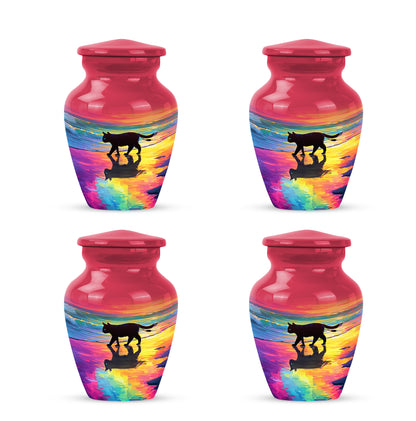 Ruby Red Cat Cremation Urn side profile showing urn shape - elegant classic cat relief with fine detailing - 10 inch aluminum urn for cremated remains