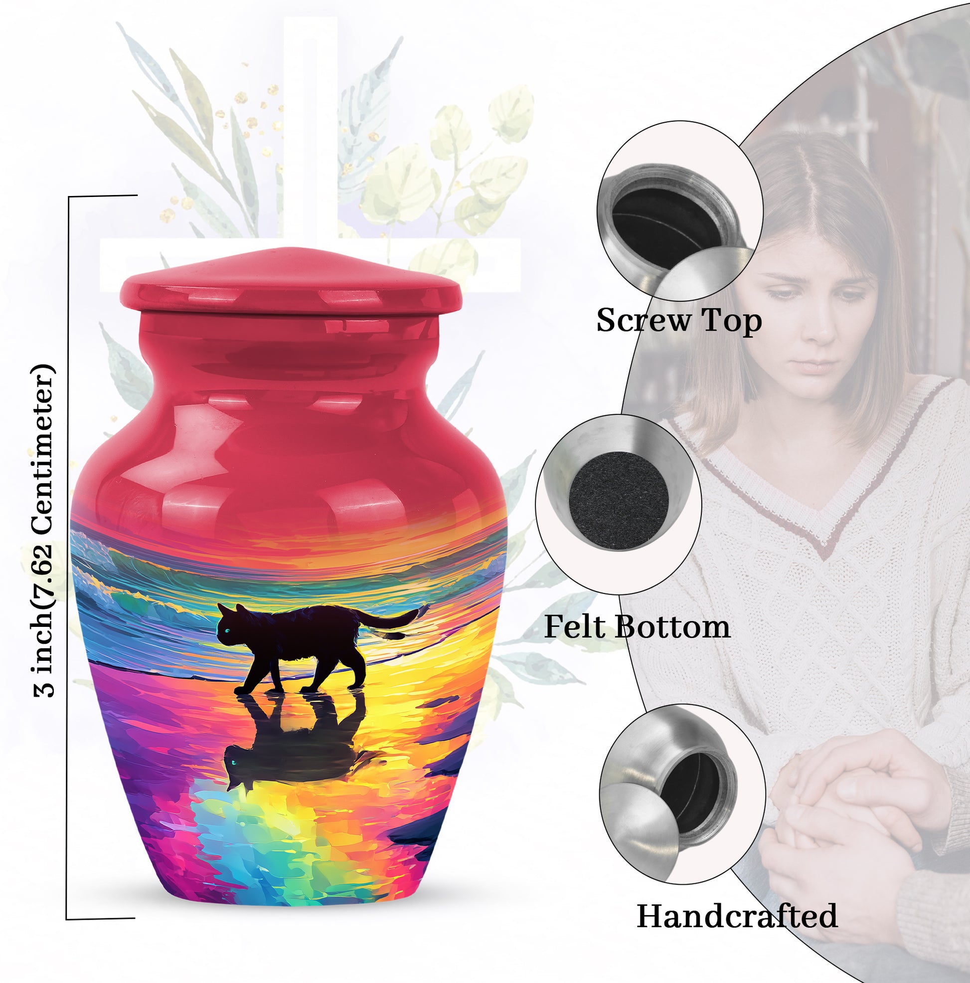Scarlet Red Cat Cremation Urn close-up of engraving and surface detail - traditional cat engraving with hand-polished finish - mini keepsake memorial for portion of cremation ashes