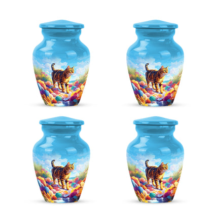 Twilight Blue Cat Cremation Urn side profile showing urn shape - elegant classic cat relief with fine detailing - 10 inch aluminum urn for cremated remains