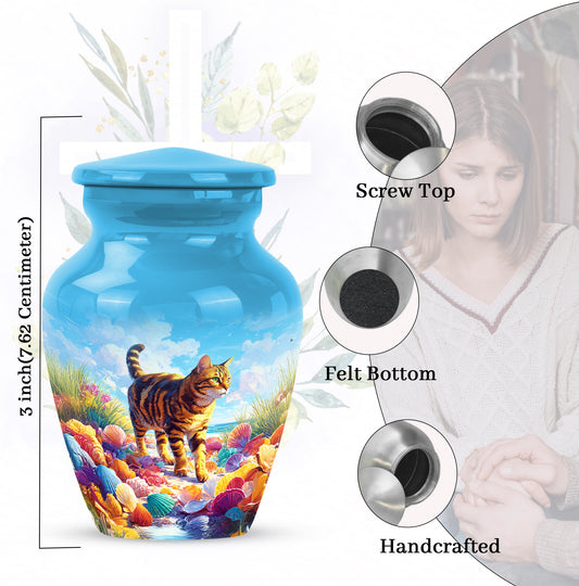 Steel Blue Cat Cremation Urn close-up of engraving and surface detail - elegant classic cat relief with fine detailing - mini keepsake memorial for portion of cremation ashes