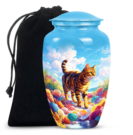 Sapphire Blue Cat Cremation Urn angled view of lid and engraved motif - traditional cat engraving with hand-polished finish - full-size 10 inch 200 cubic inch adult cremation urn