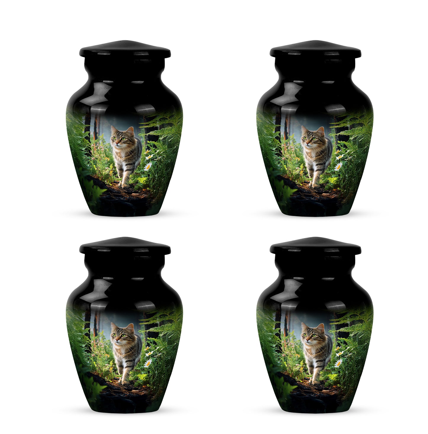 Charcoal Black Cat Cremation Urn side profile showing urn shape - traditional cat engraving with hand-polished finish - 10 inch aluminum urn for cremated remains