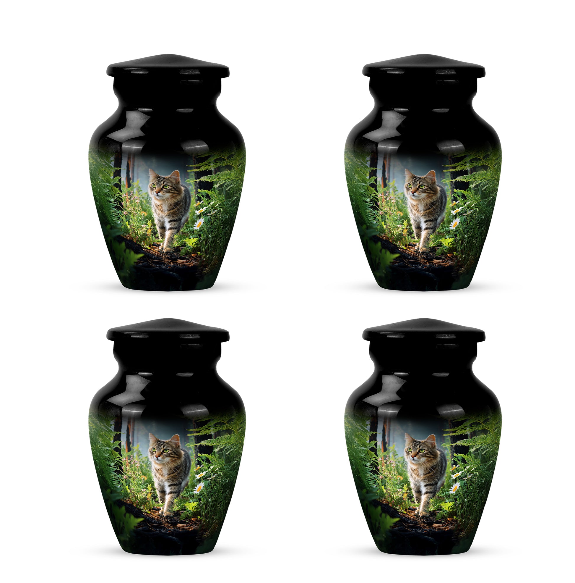 Charcoal Black Cat Cremation Urn side profile showing urn shape - traditional cat engraving with hand-polished finish - 10 inch aluminum urn for cremated remains