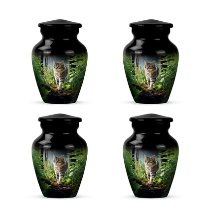 Charcoal Black Cat Cremation Urn side profile showing urn shape - traditional cat engraving with hand-polished finish - 10 inch aluminum urn for cremated remains