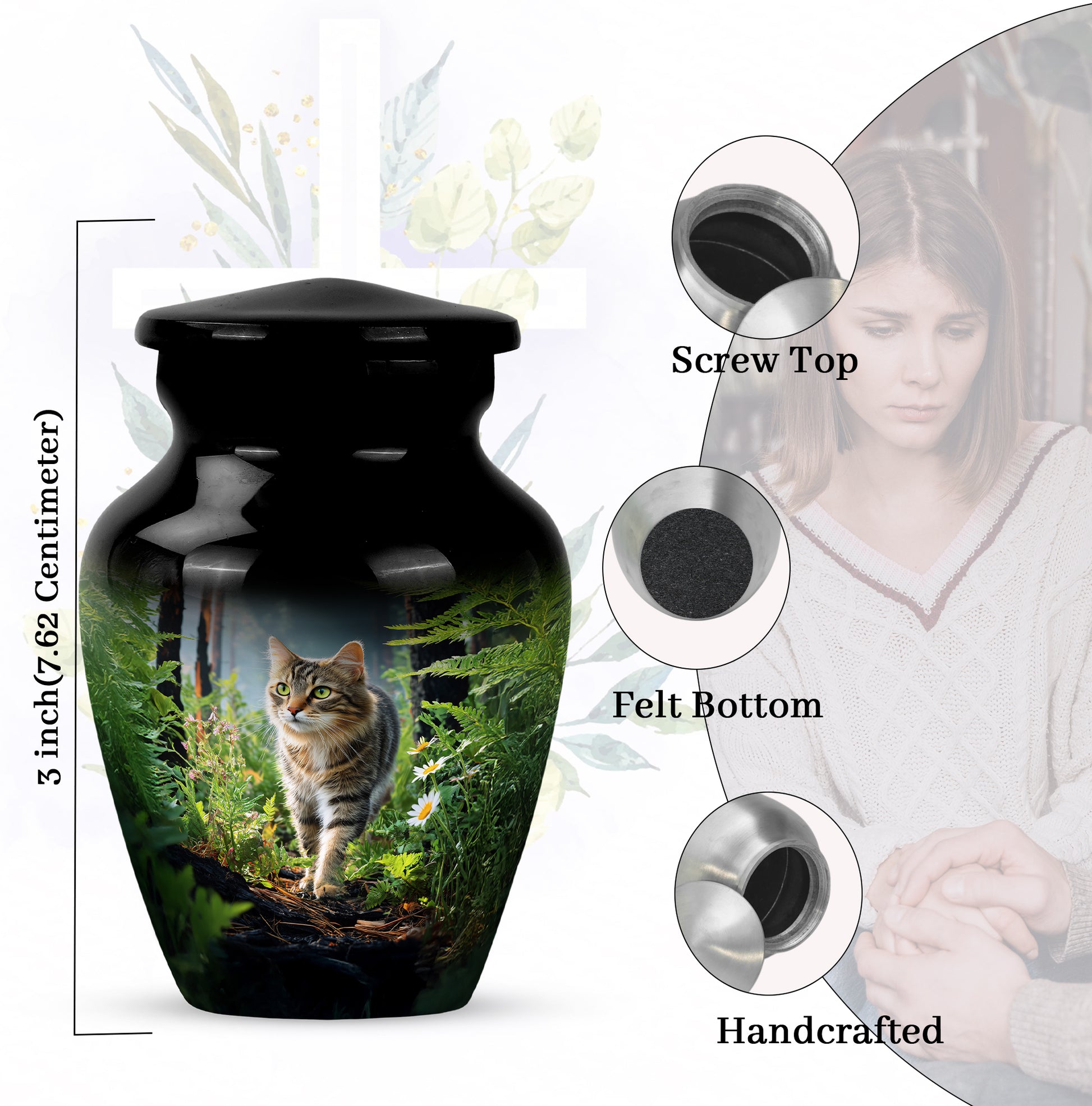 Dark Black Cat Cremation Urn close-up of engraving and surface detail - traditional cat engraving with hand-polished finish - mini keepsake memorial for portion of cremation ashes
