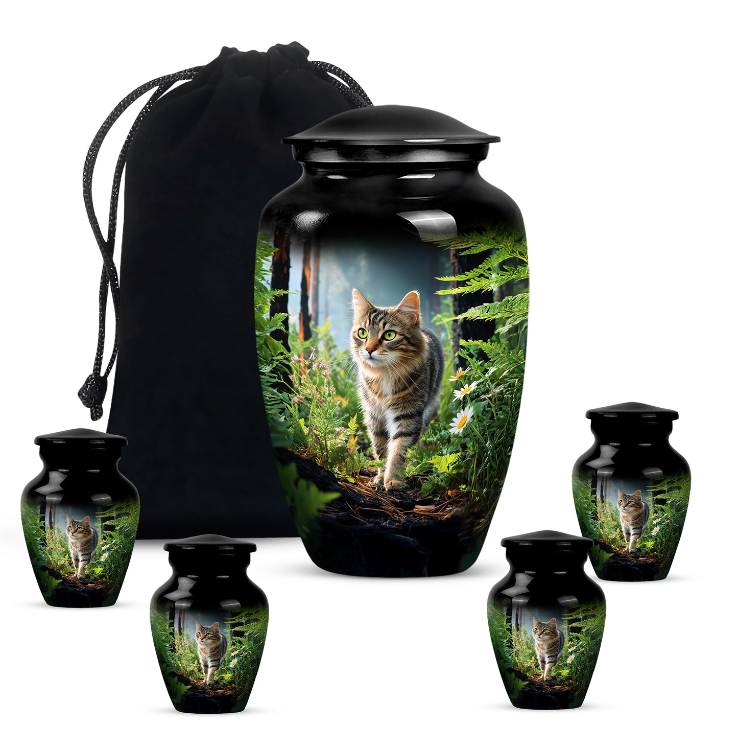 Deep Black Cat Cremation Urn top-down view of secure threaded lid - timeless cat motif etched into premium metal - memorial set with one large and four small urns