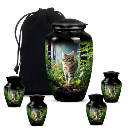 Deep Black Cat Cremation Urn top-down view of secure threaded lid - timeless cat motif etched into premium metal - memorial set with one large and four small urns