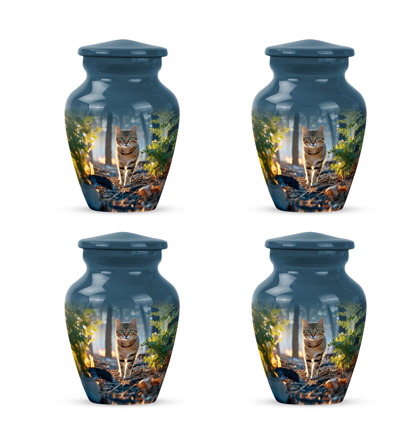 Misty Blue Cat Cremation Urn side profile showing urn shape - timeless cat motif etched into premium metal - 10 inch aluminum urn for cremated remains