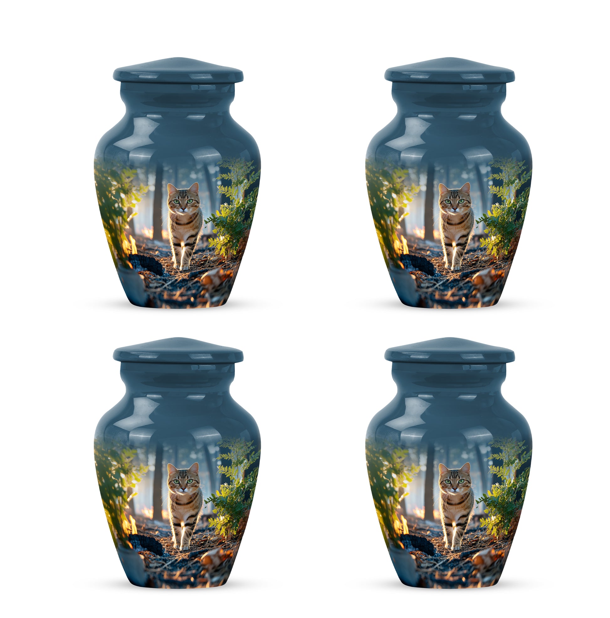 Misty Blue Cat Cremation Urn side profile showing urn shape - timeless cat motif etched into premium metal - 10 inch aluminum urn for cremated remains