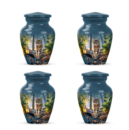 Misty Blue Cat Cremation Urn side profile showing urn shape - timeless cat motif etched into premium metal - 10 inch aluminum urn for cremated remains