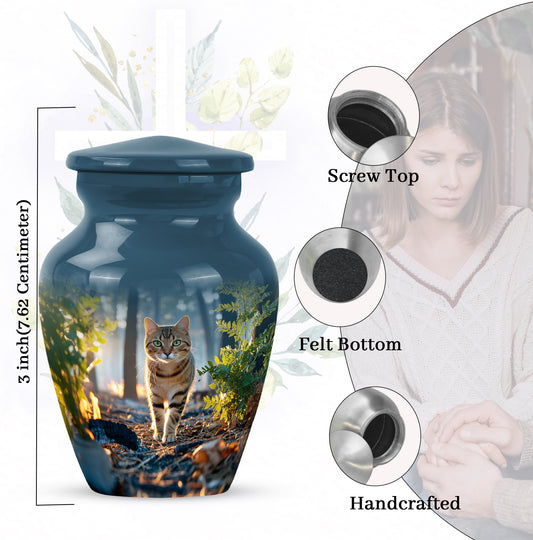 Icy Blue Cat Cremation Urn close-up of engraving and surface detail - timeless cat motif etched into premium metal - mini keepsake memorial for portion of cremation ashes