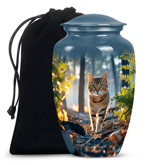 Cornflower Blue Cat Cremation Urn angled view of lid and engraved motif - traditional cat engraving with hand-polished finish - full-size 10 inch 200 cubic inch adult cremation urn