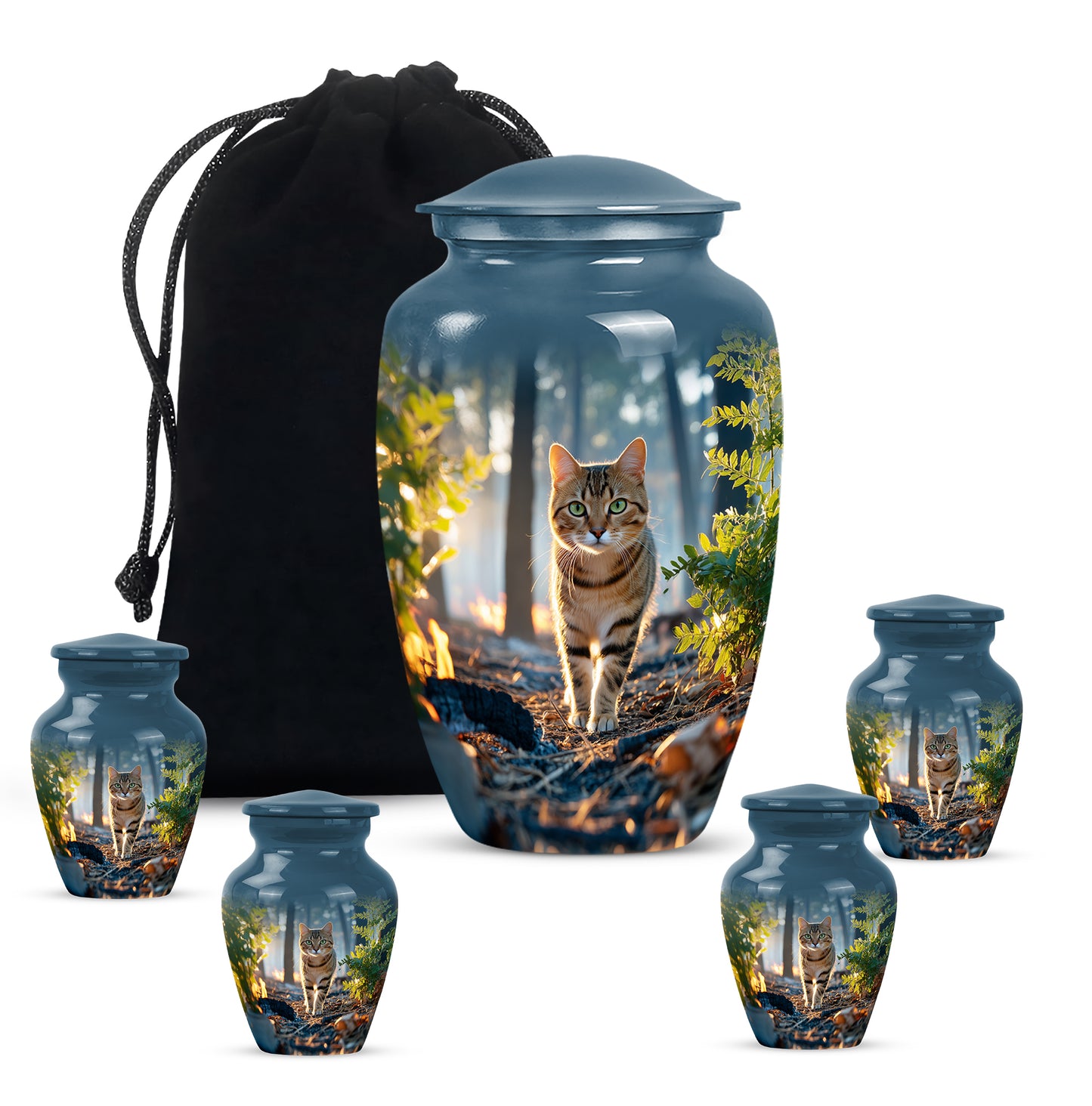 Celestial Blue Cat Cremation Urn top-down view of secure threaded lid - classic sculpted cat pattern on smooth aluminum - memorial set with one large and four small urns