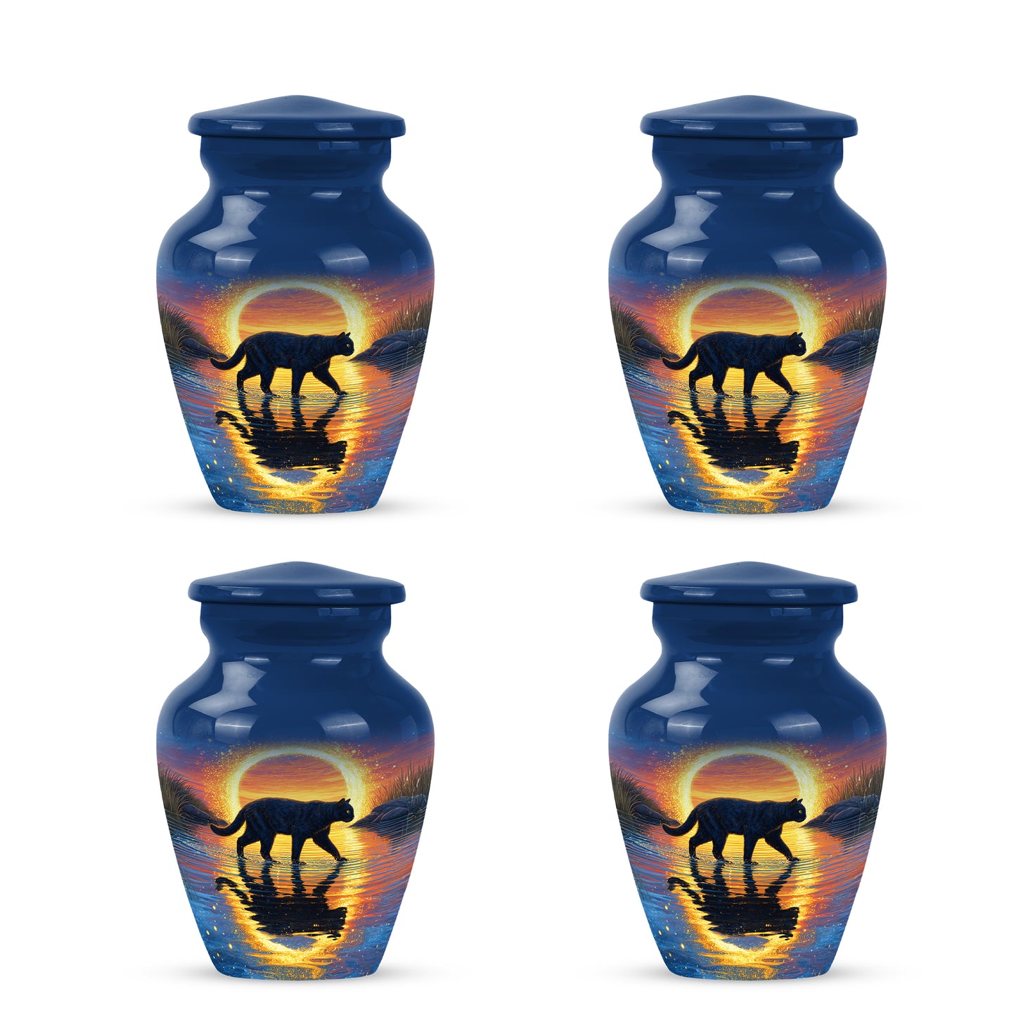 Serene Blue Cat Cremation Urn side profile showing urn shape - elegant classic cat relief with fine detailing - 10 inch aluminum urn for cremated remains