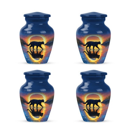 Serene Blue Cat Cremation Urn side profile showing urn shape - elegant classic cat relief with fine detailing - 10 inch aluminum urn for cremated remains