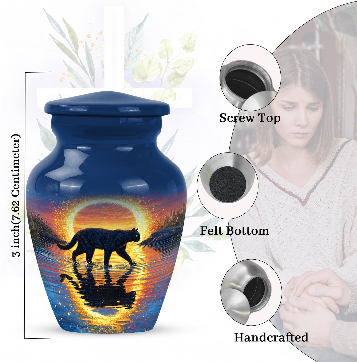 Celestial Blue Cat Cremation Urn close-up of engraving and surface detail - classic sculpted cat pattern on smooth aluminum - mini keepsake memorial for portion of cremation ashes