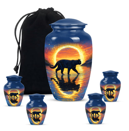 Bright Blue Cat Cremation Urn top-down view of secure threaded lid - traditional cat engraving with hand-polished finish - memorial set with one large and four small urns