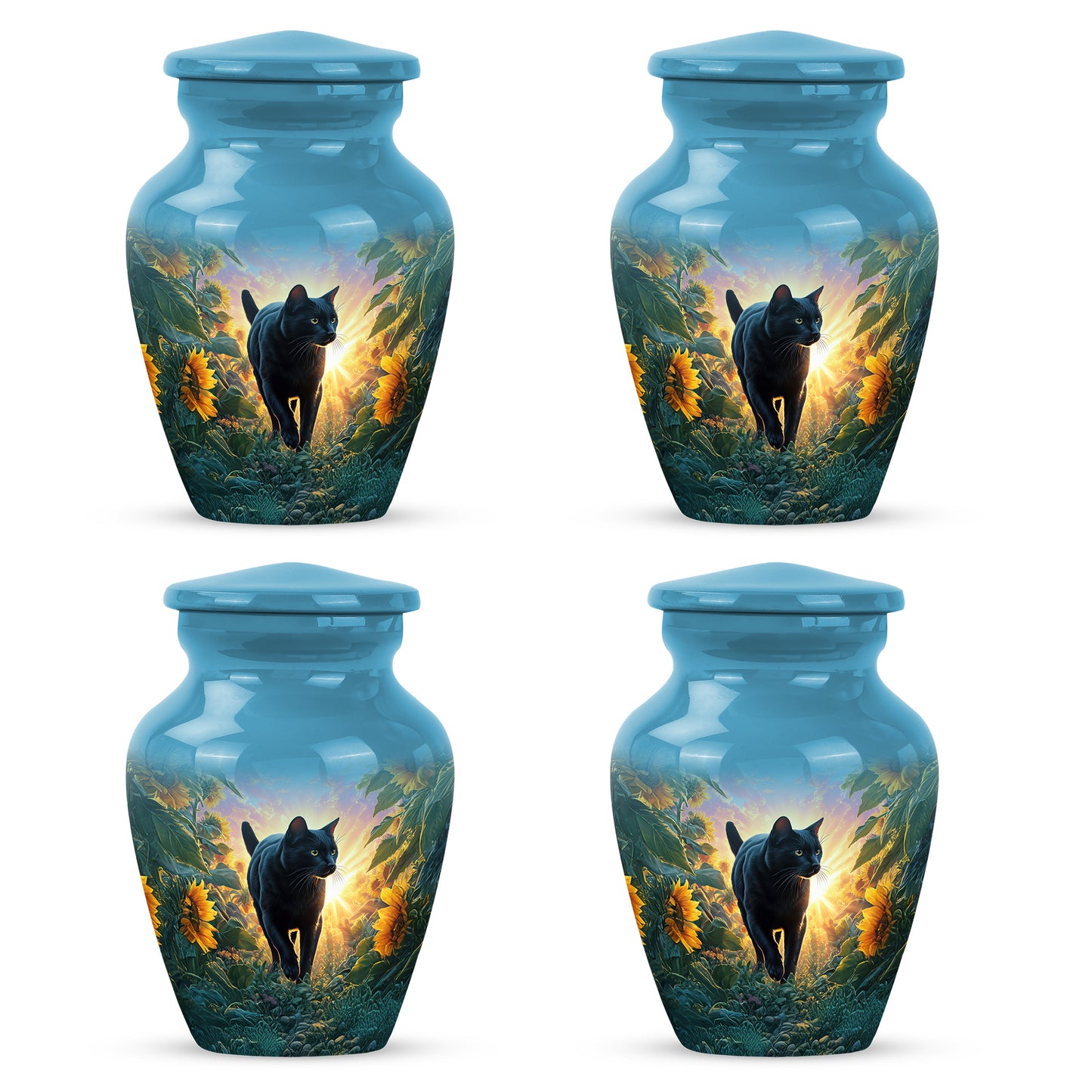 Azure Cat Cremation Urn side profile showing urn shape - classic sculpted cat pattern on smooth aluminum - 10 inch aluminum urn for cremated remains