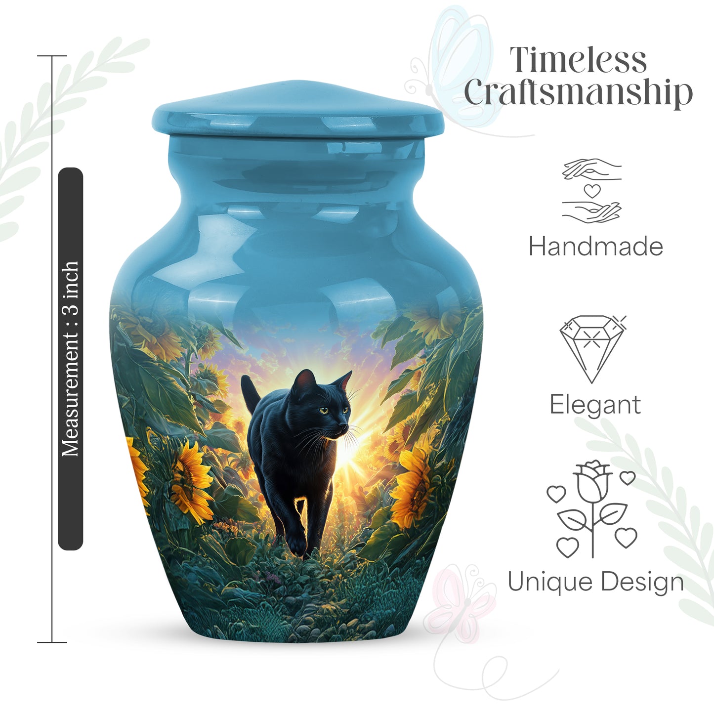 Royal Blue Cat Cremation Urn close-up of engraving and surface detail - elegant classic cat relief with fine detailing - mini keepsake memorial for portion of cremation ashes