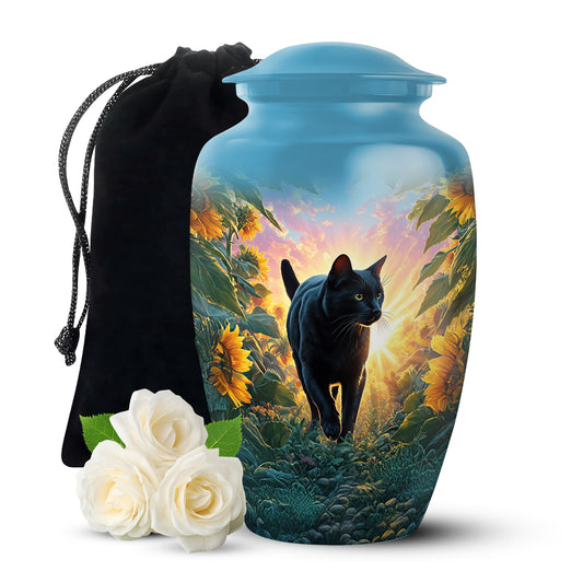 Vivid Blue Cat Cremation Urn angled view of lid and engraved motif - traditional cat engraving with hand-polished finish - full-size 10 inch 200 cubic inch adult cremation urn