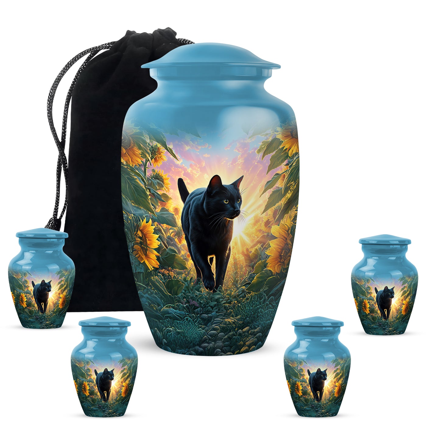 Soft Blue Cat Cremation Urn top-down view of secure threaded lid - traditional cat engraving with hand-polished finish - memorial set with one large and four small urns