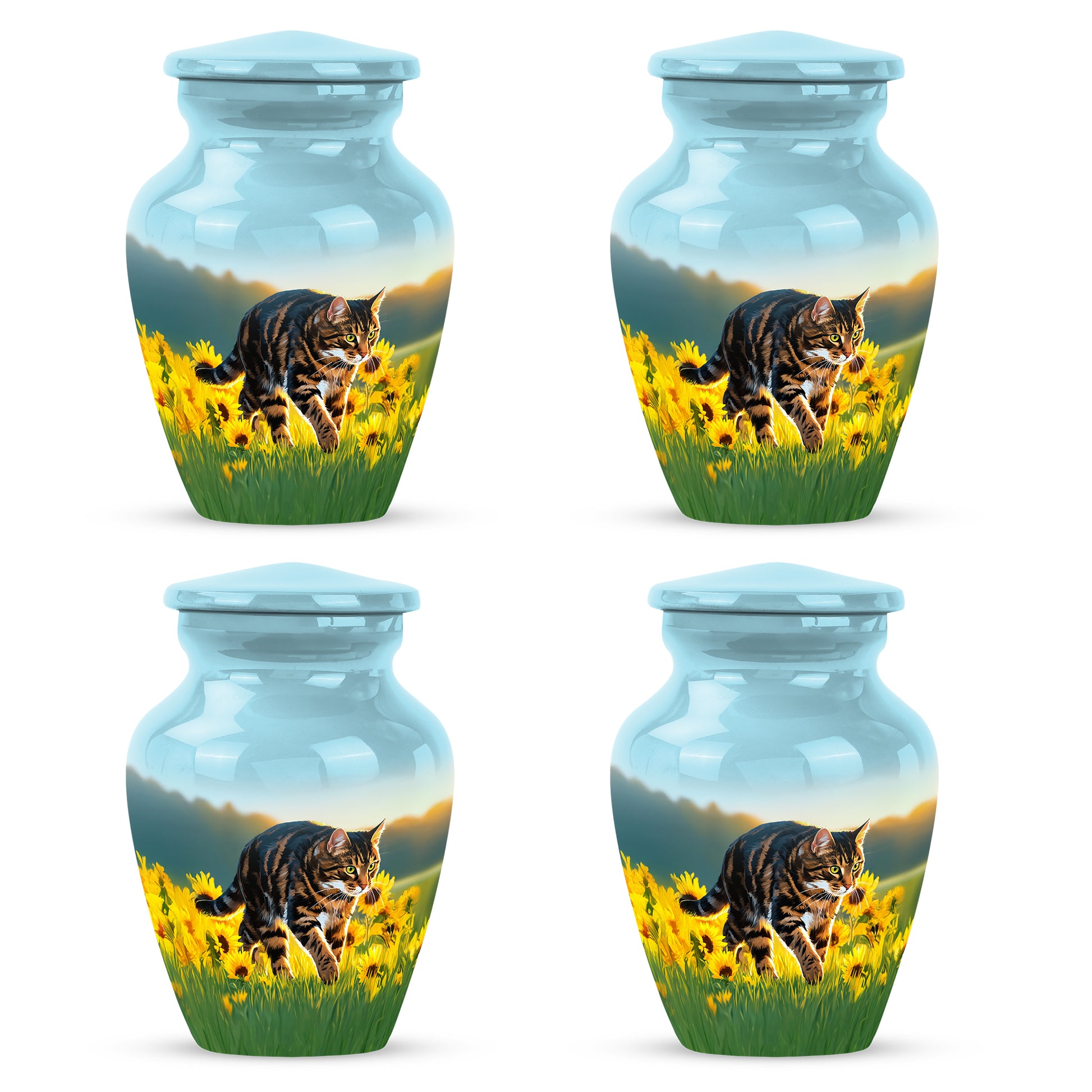 Deep Teal Cat Cremation Urn side profile showing urn shape - traditional cat engraving with hand-polished finish - 10 inch aluminum urn for cremated remains