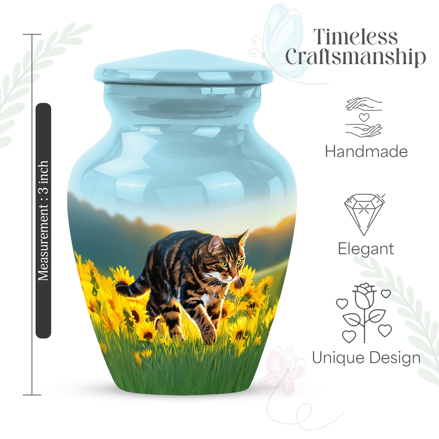 Deep Teal Cat Cremation Urn close-up of engraving and surface detail - elegant classic cat relief with fine detailing - mini keepsake memorial for portion of cremation ashes