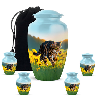 Aqua Teal Cat Cremation Urn top-down view of secure threaded lid - traditional cat engraving with hand-polished finish - memorial set with one large and four small urns