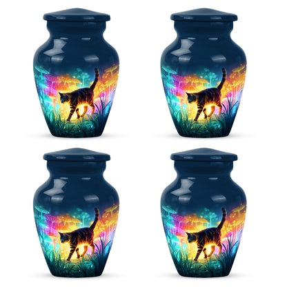 Sapphire Blue Cat Cremation Urn side profile showing urn shape - elegant classic cat relief with fine detailing - 10 inch aluminum urn for cremated remains