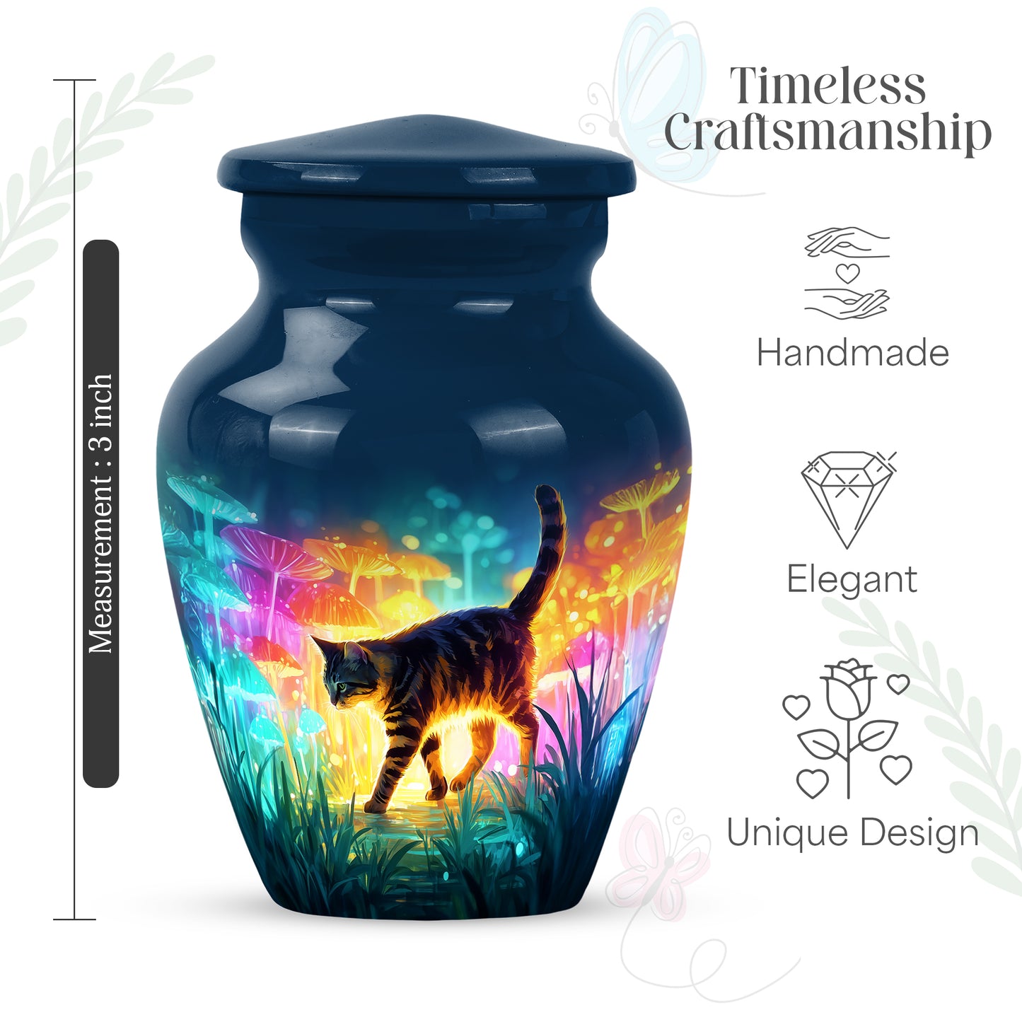 Icy Blue Cat Cremation Urn close-up of engraving and surface detail - timeless cat motif etched into premium metal - mini keepsake memorial for portion of cremation ashes
