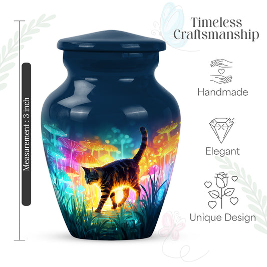 Icy Blue Cat Cremation Urn close-up of engraving and surface detail - timeless cat motif etched into premium metal - mini keepsake memorial for portion of cremation ashes