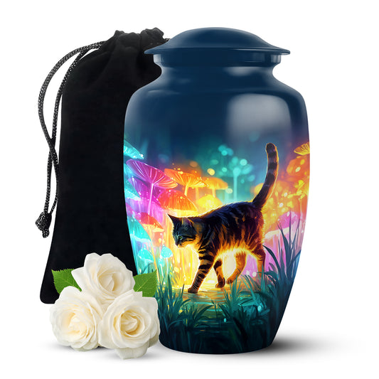 Sapphire Blue Cat Cremation Urn angled view of lid and engraved motif - elegant classic cat relief with fine detailing - full-size 10 inch 200 cubic inch adult cremation urn