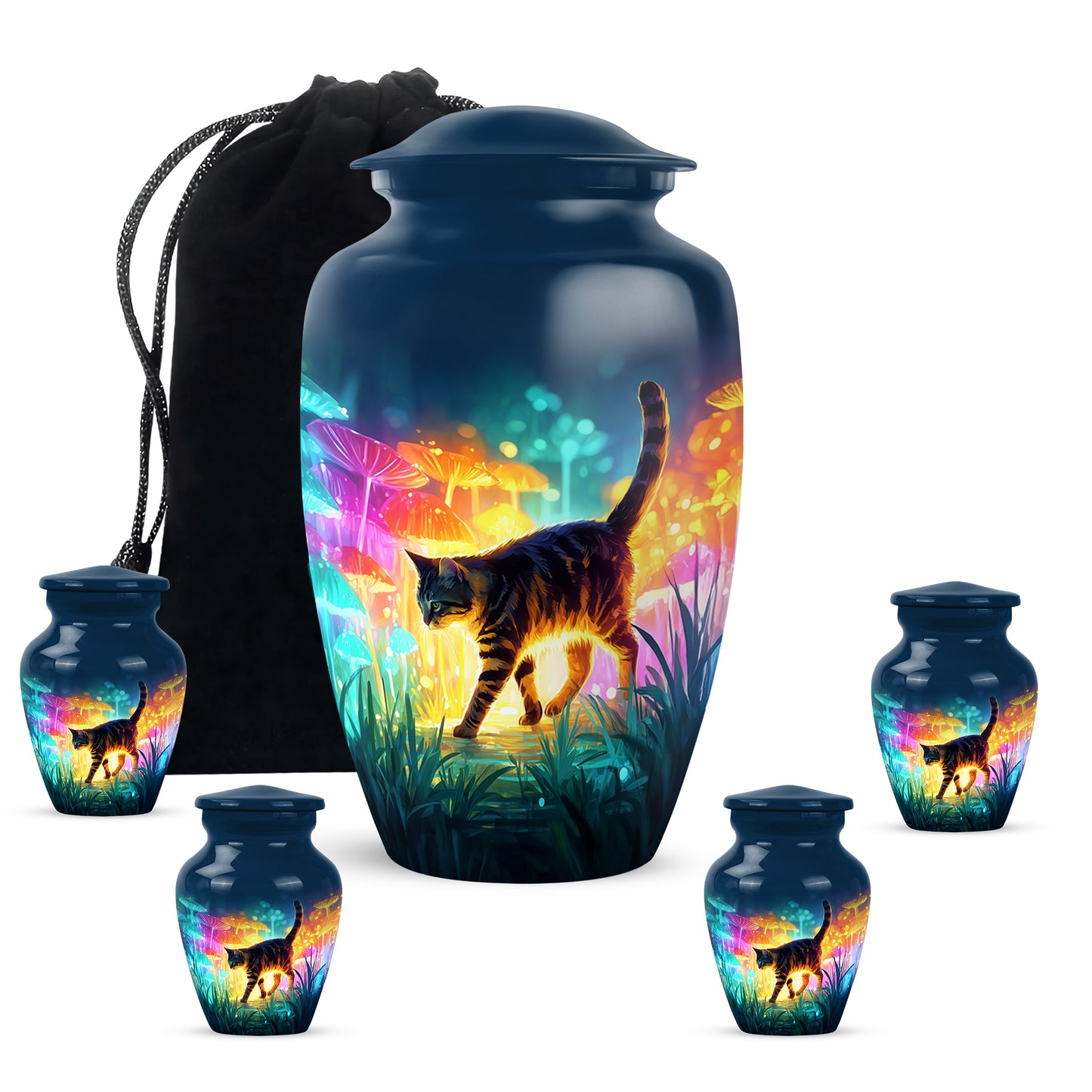 Sapphire Blue Cat Cremation Urn top-down view of secure threaded lid - traditional cat engraving with hand-polished finish - memorial set with one large and four small urns