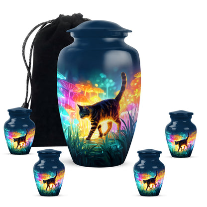 Sapphire Blue Cat Cremation Urn top-down view of secure threaded lid - traditional cat engraving with hand-polished finish - memorial set with one large and four small urns