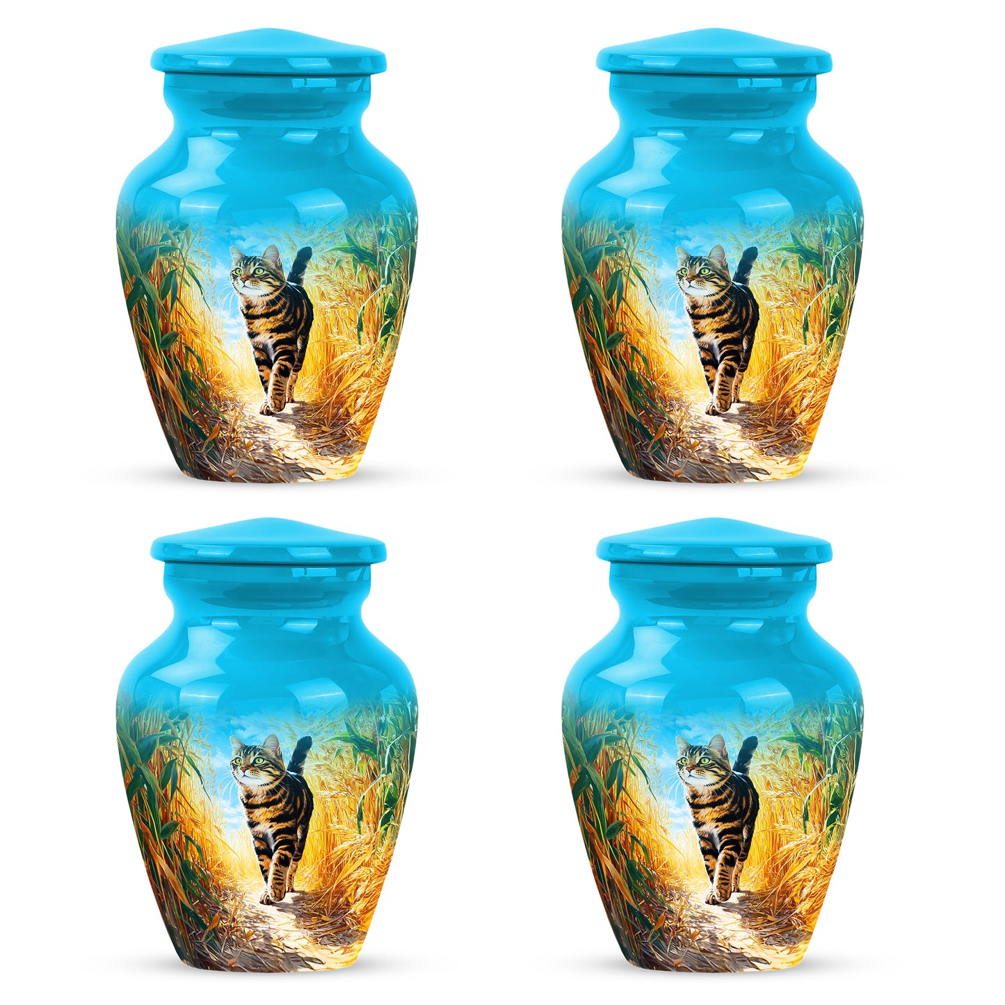 Tropical Teal Cat Cremation Urn side profile showing urn shape - elegant classic cat relief with fine detailing - 10 inch aluminum urn for cremated remains