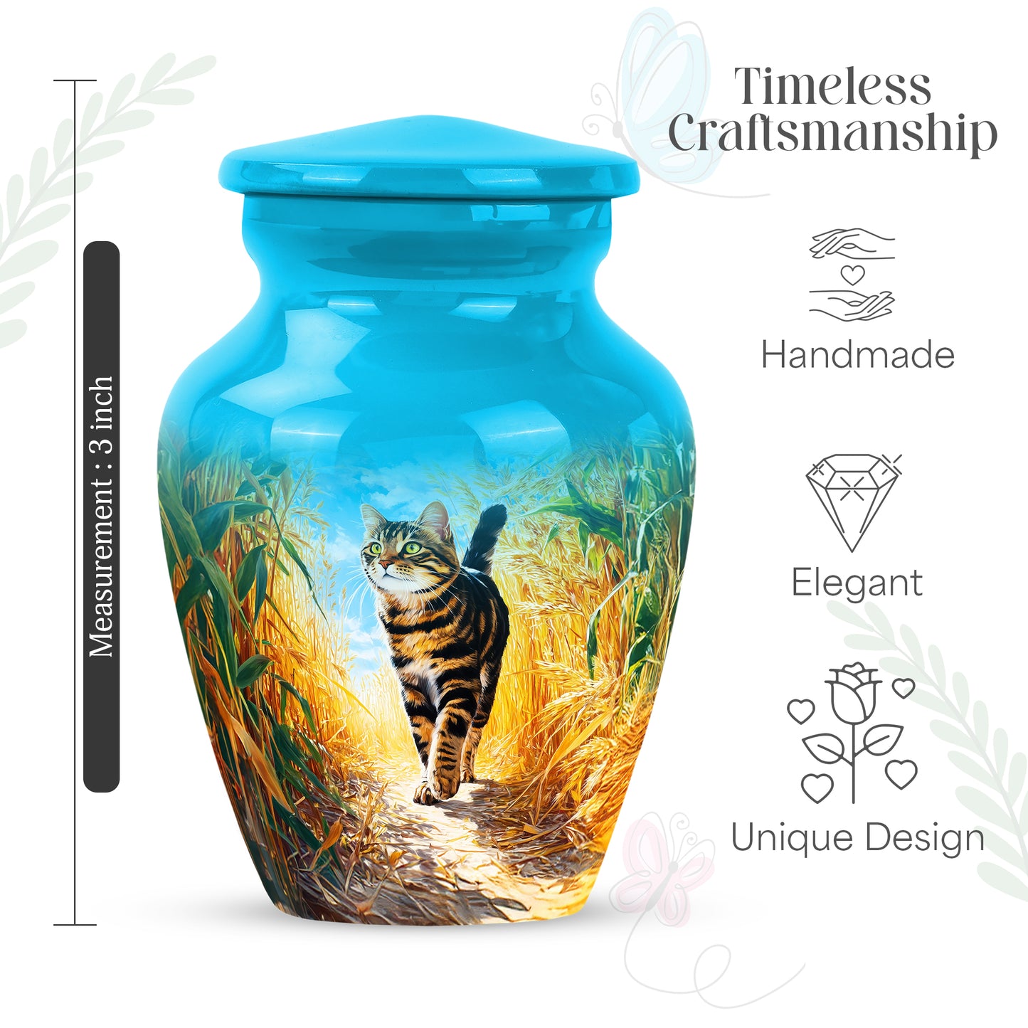 Cool Teal Cat Cremation Urn close-up of engraving and surface detail - timeless cat motif etched into premium metal - mini keepsake memorial for portion of cremation ashes