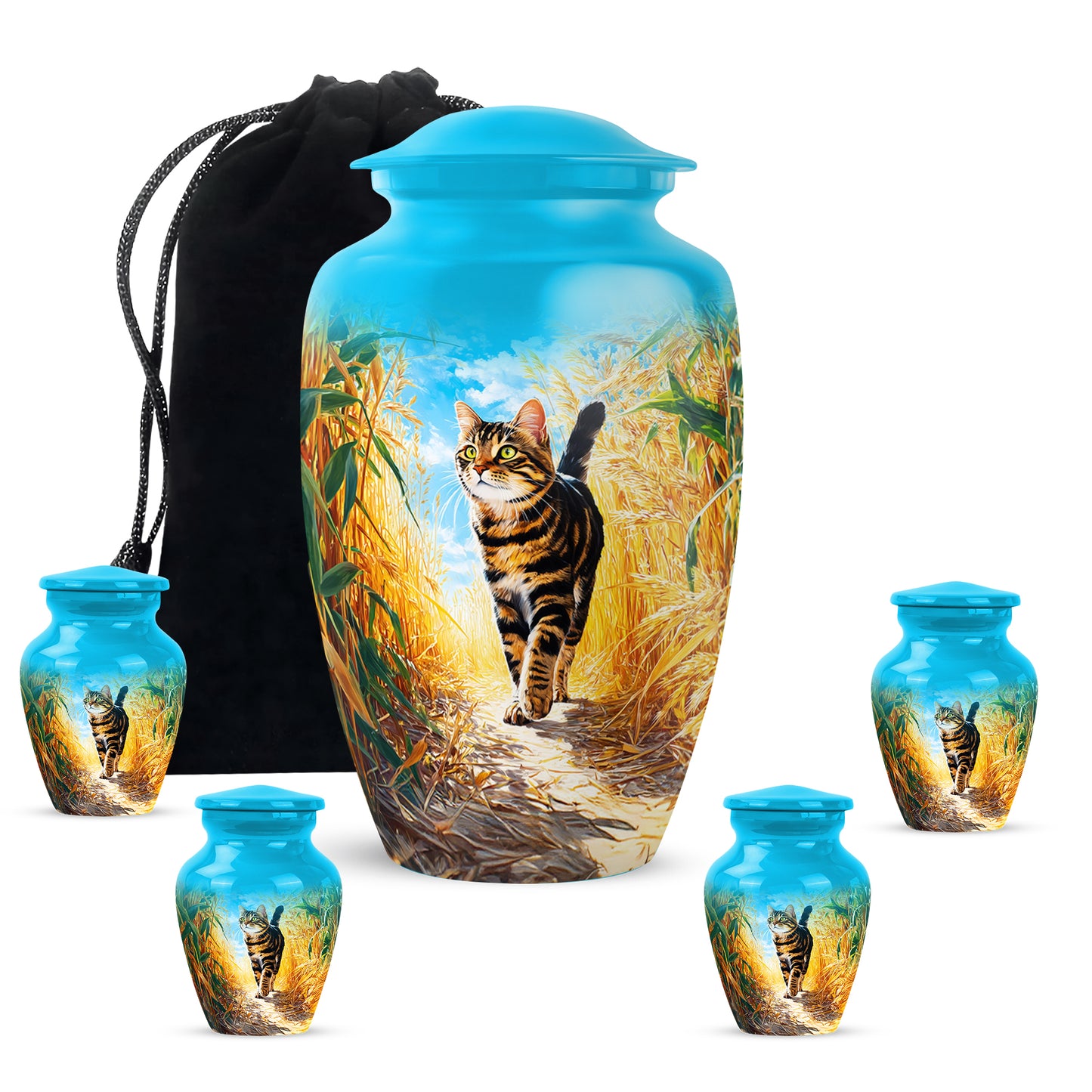 Mystic Teal Cat Cremation Urn top-down view of secure threaded lid - elegant classic cat relief with fine detailing - memorial set with one large and four small urns