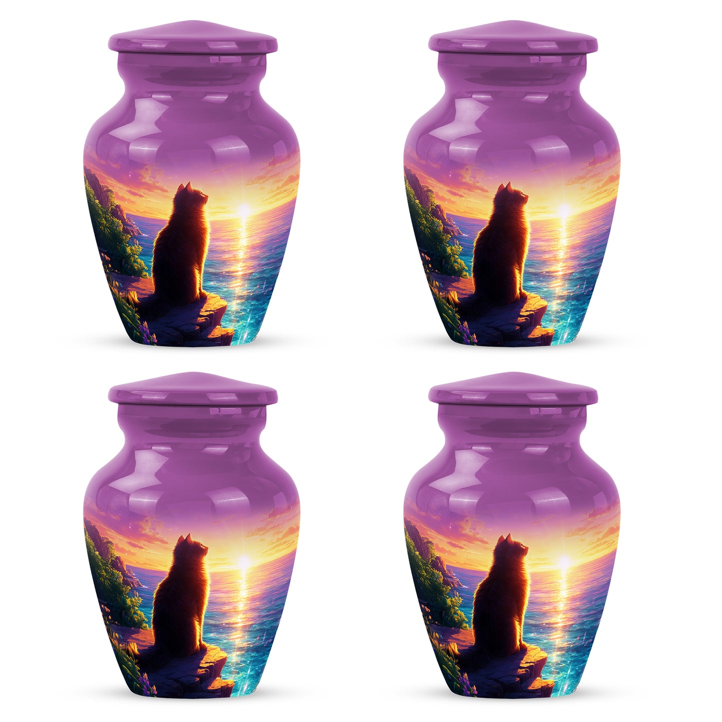 Blush Pink Cat Cremation Urn side profile showing urn shape - classic sculpted cat pattern on smooth aluminum - 10 inch aluminum urn for cremated remains