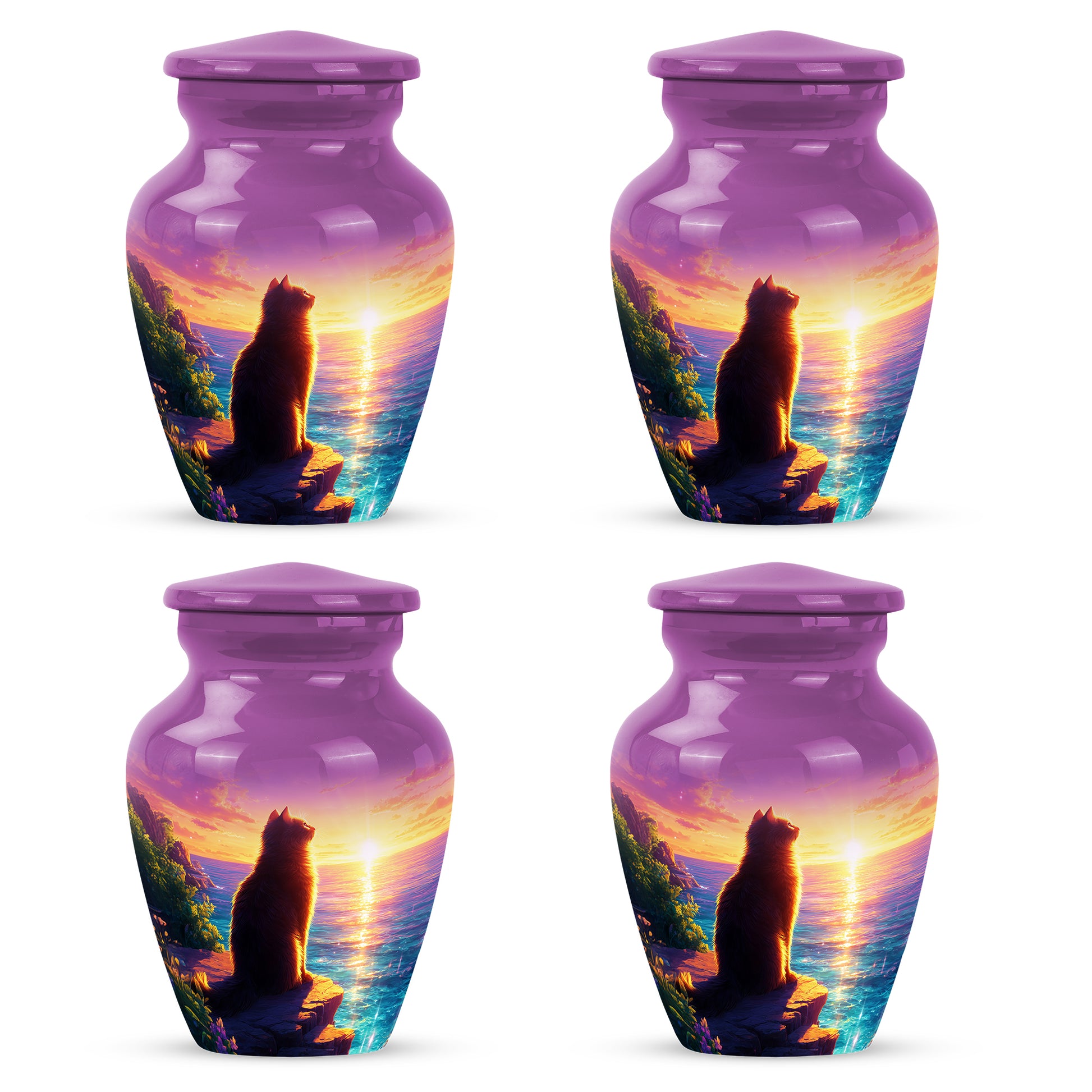 Blush Pink Cat Cremation Urn side profile showing urn shape - classic sculpted cat pattern on smooth aluminum - 10 inch aluminum urn for cremated remains