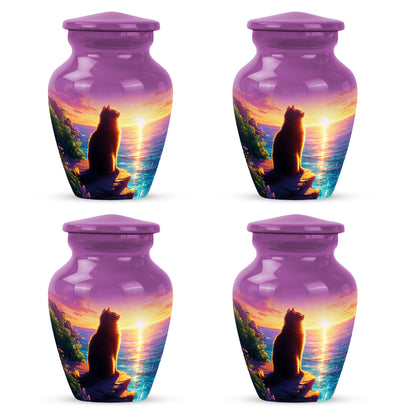 Blush Pink Cat Cremation Urn side profile showing urn shape - classic sculpted cat pattern on smooth aluminum - 10 inch aluminum urn for cremated remains
