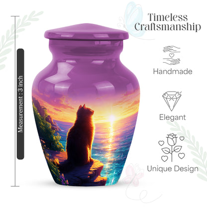 Coral Pink Cat Cremation Urn close-up of engraving and surface detail - timeless cat motif etched into premium metal - mini keepsake memorial for portion of cremation ashes