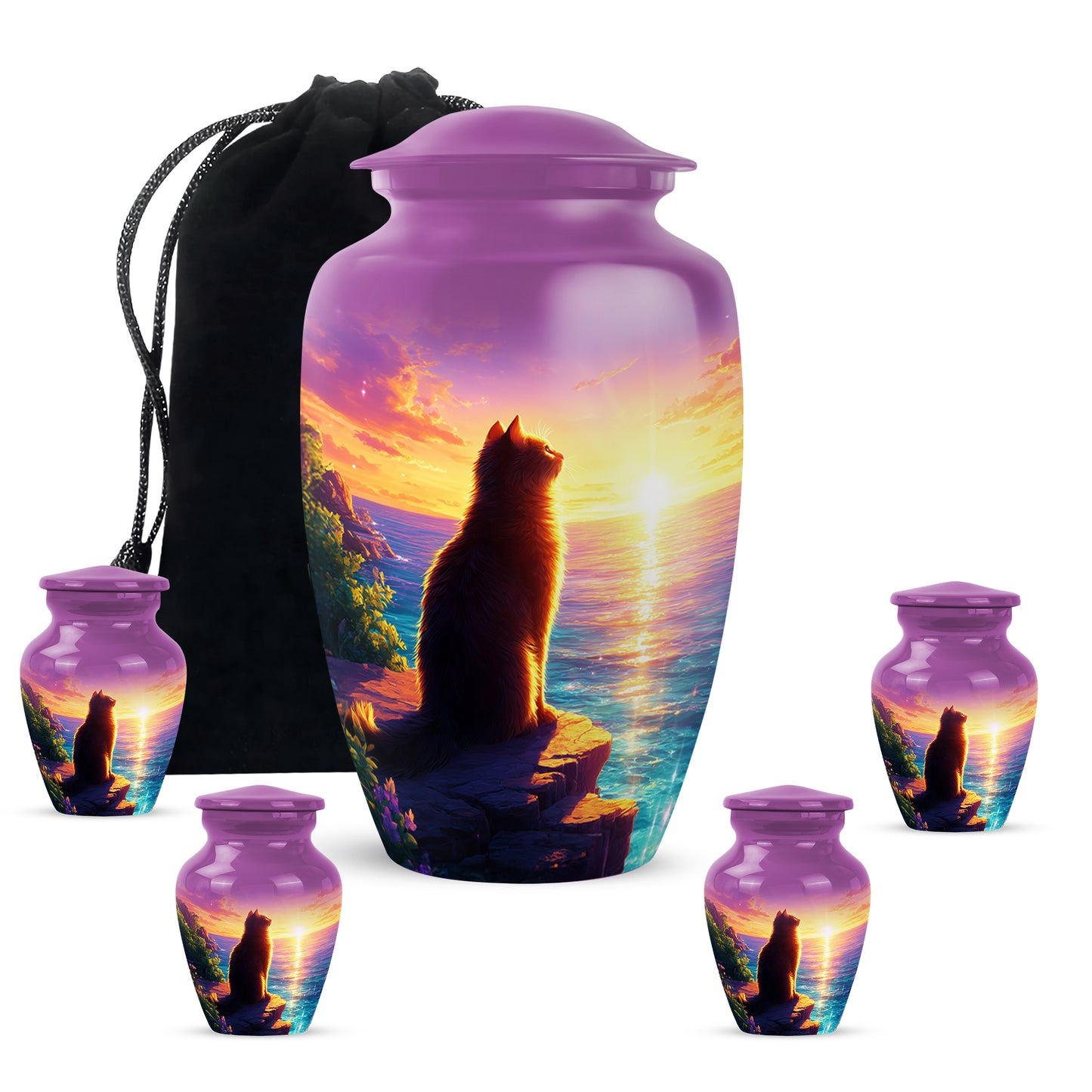 Petal Pink Cat Cremation Urn top-down view of secure threaded lid - elegant classic cat relief with fine detailing - memorial set with one large and four small urns