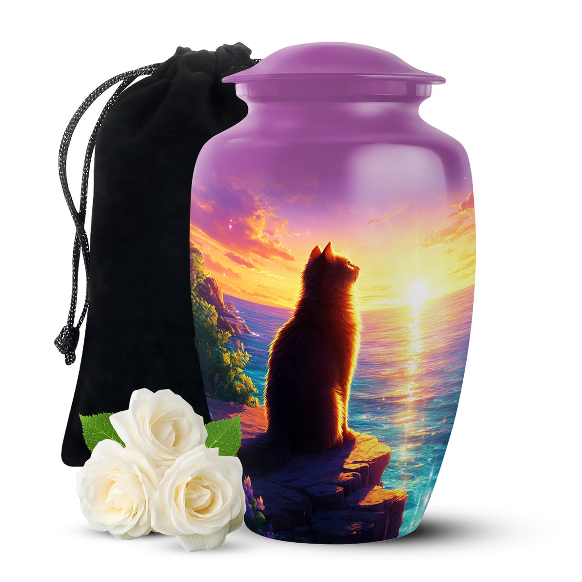 Petal Pink Cat Cremation Urn angled view of lid and engraved motif - traditional cat engraving with hand-polished finish - full-size 10 inch 200 cubic inch adult cremation urn