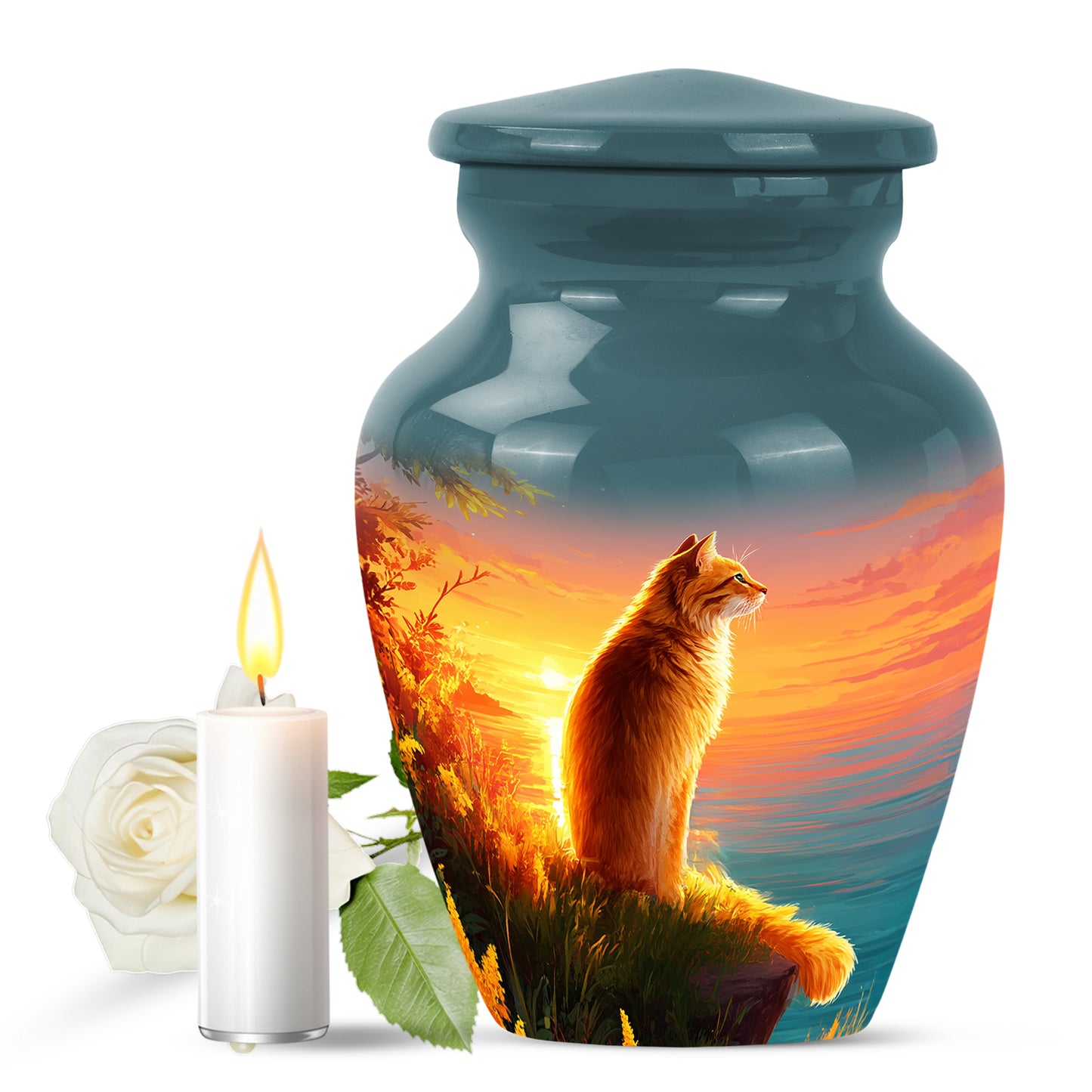 Lustrous Cat Cremation Urns for Human Ashes - Teal 10-inch - Yatskia